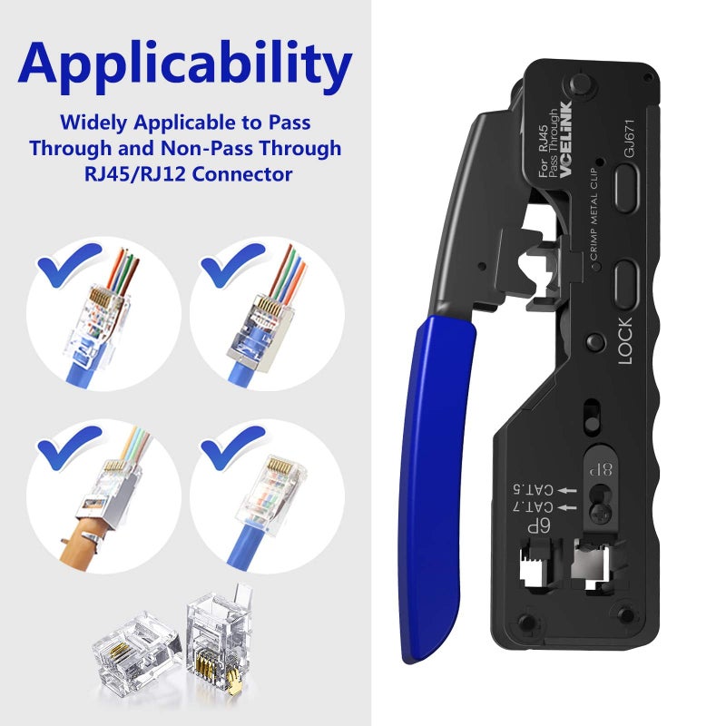 VCELINK RJ45 أداة العقص تمر عبر إيثرنت سلك القاطع المكشكش لـ Cat7 Cat6A Cat6 Cat5E Cat5 موصلات المرور وغير المرور - Image 2
